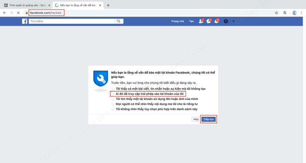 truy cập facebook.com/hacked để giả vờ như tà khoản của bạn bị ai đó đã truy cập trái phép