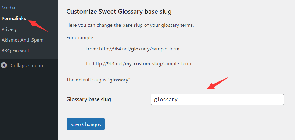 Sweet Glossary Custom Slug