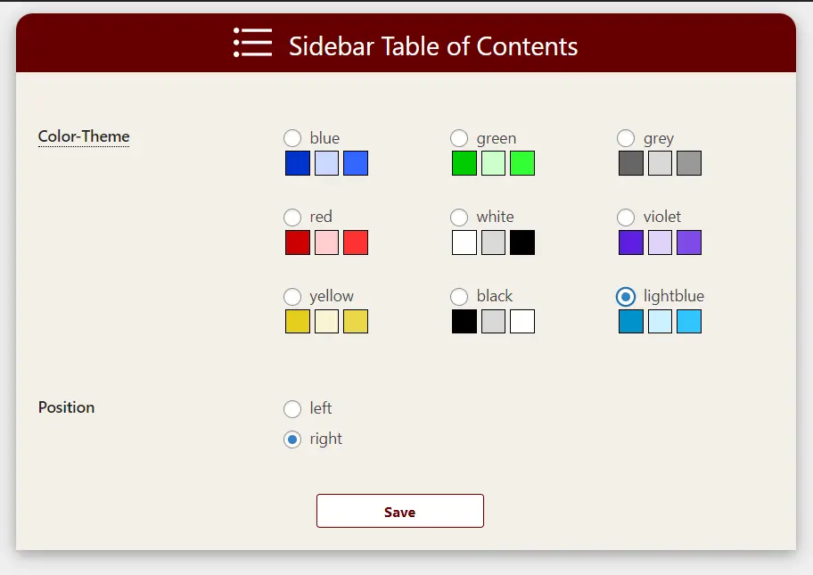 Off canvas Sidebar-Table-Of Content Settings