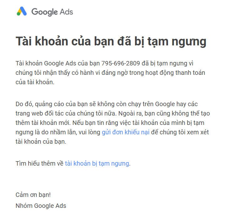 Google Ads của bạn bị tạm ngưng