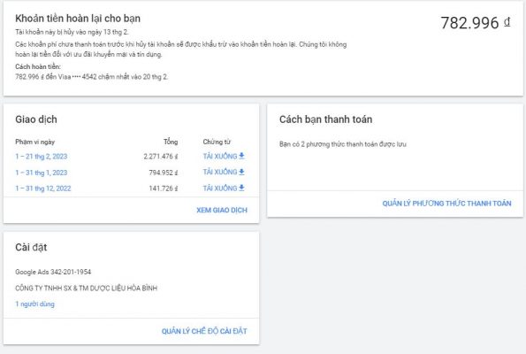 Thông báo hoàn tiền của google ads